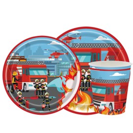 Dulousia Fire Fighter Party Supplies - Disposable Fire Truck Paper Plates Napkins Cups Tableware for Kids Boys Girls Fireman Birthday Party, Baby Shower, Father’s Day, Graduation Decorations 68ct