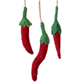 The Bridge Collection 5.25" Handmade Felt Chili Pepper Ornaments -Set of 3 Red Hot Pepper Decor - Handcrafted Vegetable Spicy Food Christmas Ornaments