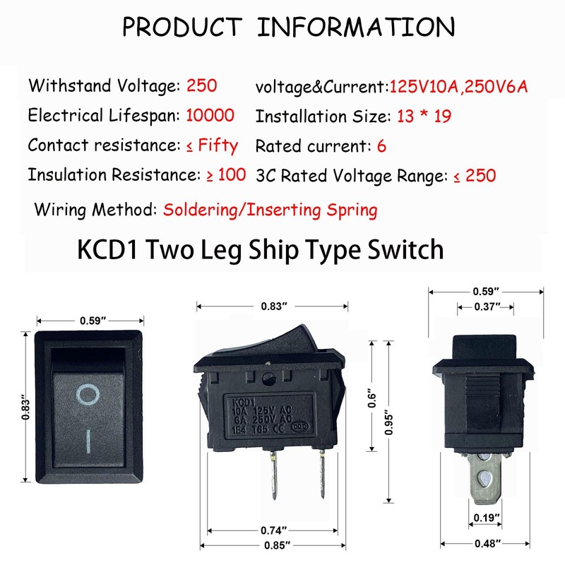 Ghsretore 5Pcs Snap-in SPST Rocker Switch Toggle Power ON-Off Switch
