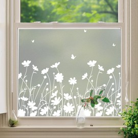 DKTIE Window Privacy Film Flowers Pure White Pattern Stained Glass Window Film Decorative Frosted Glass Window Film Sun Blocking Heat Control Static Cling (A274, 17.5" x 118.1")