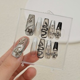 10pcs handmade Gothic Metallic Press on Nails Long Coffin shape False Nails Fake Nails 3D Nails Reusable Nails Luxury Metallic Silver and Black Snake Design (Small)