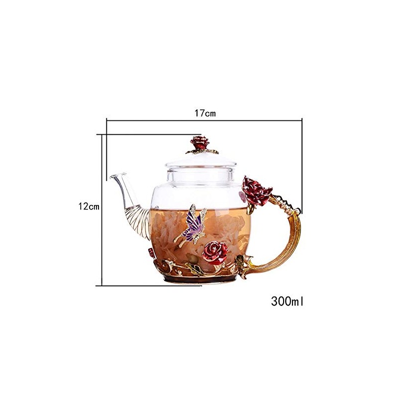 Floral Glass Teapot with France Enamel Flower Butterfly Decoration Safe