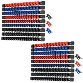 ALOANES 18 PC ABS Socket Organizer,1/2 inch, 3/8 inch, and 1/4 inch Drive Socket Rail Holders, Heavy Duty Socket Racks, Black Rails with Red Blue Black Clips