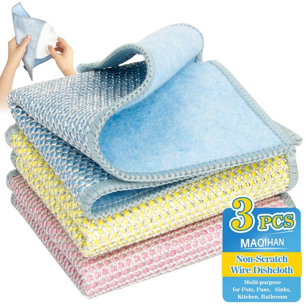 3PCS Multipurpose Wire Dishwashing Rags - Double-Layer Non-scratch Wire &