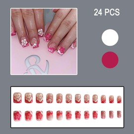 24Pcs Pink Flower Press on Nails Short Square White French Tips Fake Nail with White Flower Designs Acrylic False Nails Full Cover Glossy Glue on Nails for Women Girls DIY Manicure Decoration