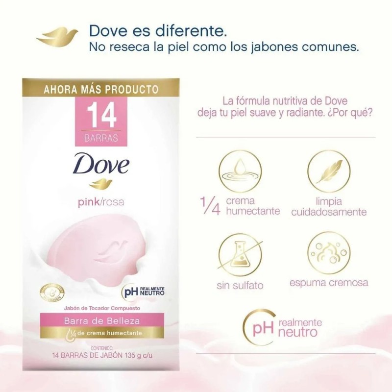 Jabón En Barra Dove Pink 14 Pzas De 135 G