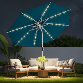 HOMSHADE 9ft Aluminum Patio Umbrella with Solar Lights - LED Outdoor Table Market Umbrella with 5-Year Fade Resistance,10-Year Rustproof, UPF50+, Push Button Tilt and Crank for Pool, Deck (Peacock Blue)