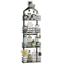 Orimade Adjustable Anti-Slip Hanging Shower Caddy Over Shower Head,Rustproof Bathroom Hanging Shower Organizer with 4 Hooks for Razor,No Drilling Shower Shelves Storage Rack,Black 4 Tier
