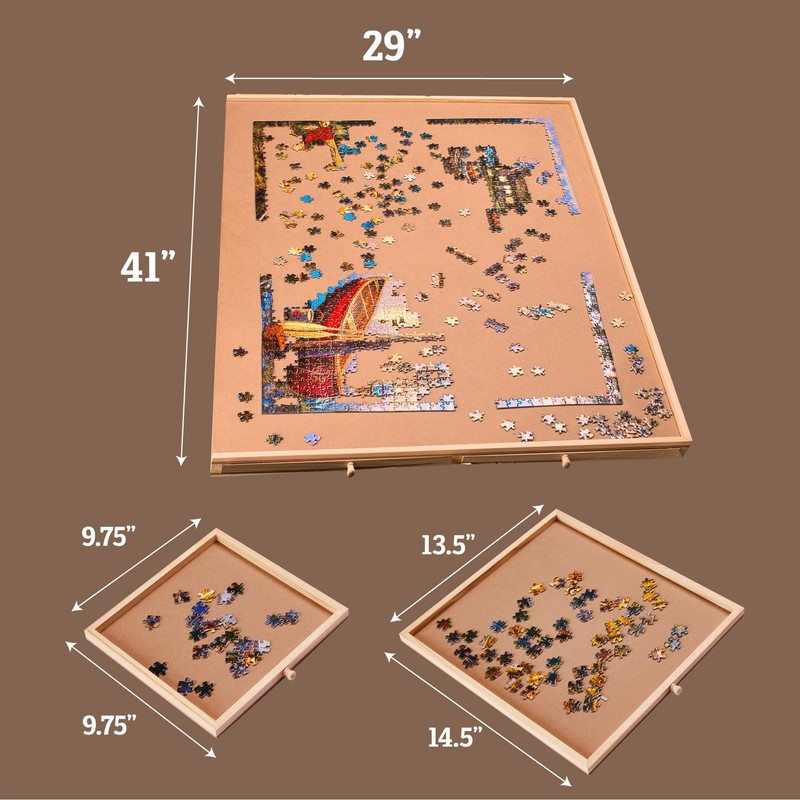 Rotating Wooden Puzzle Board for with 6 Storage Drawers &
