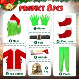 8PCS Adult Christmas Costume for Men Christmas Santa Claus Outfit with Christmas Mask Green Monster Furry Santa Suit Christmas Cosplay Costume Fancy Dress Outfit