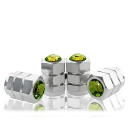 Bling Anti-Theft Locking Green Crystal Diamond Rhinestone Metal Chrome Tire Rim Valve Stem Cap-VC-GRC