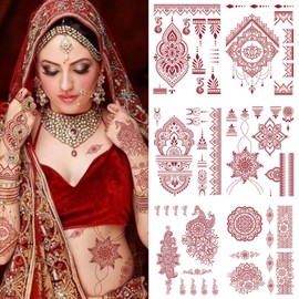 10 Sheets Henna Tattoos Temporary Stickers Kit Brown Peacock Flowers Leaves Lotus Simple Geometry Lace Pattern Fake Tattoos Henna Sticker for Women DIY on Body Face Arms Legs for Wedding Party