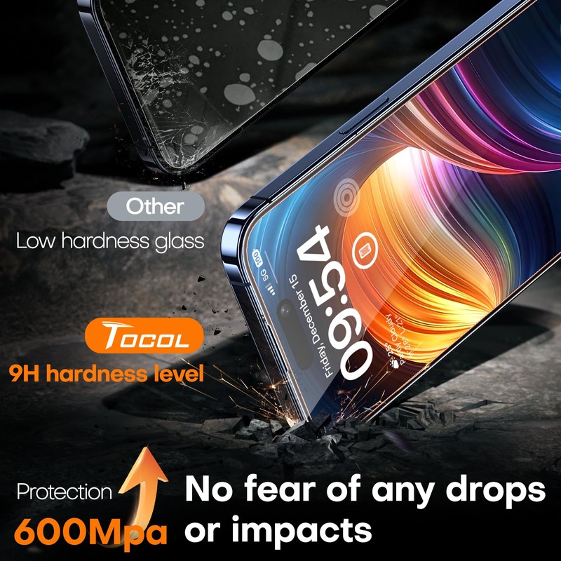 TOCOL for iPhone 15 Pro Screen Protector, [9H Hardness] [Military