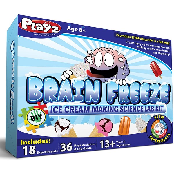 Playz Brain Freeze Ice Cream Making Science Kit - 18+ Yummy STEM Experiments, 36 Page Lab Guide, 13+ Ingredients and Tools for Boys, Girls, Kids, and Teenagers