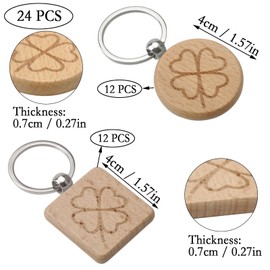Ockyunoo Pack of 24 Wooden Key Fob Round Clover Lucky Charm Wooden Pendant Square Key Ring Wood with Clover Leaf for Decorative Key Rings, khaki