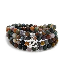 108 Mantra Mala Beads Yoga Bracelet Japa Mala Necklace with Om Symbol Charm (Indian Agate)