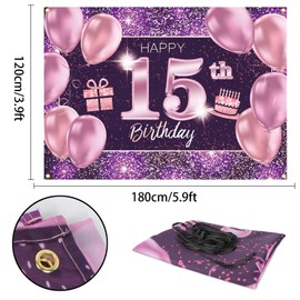 PAKBOOM Happy 15th Birthday Banner Backdrop - 15 Birthday Party Decorations Supplies for Girl - Pink Purple Gold 4 x 6ft