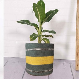 WOODLERY Circular Jute & Tafta Storage Basket 6x6inch Durable & Stylish for Nursery Home Organizing (Grey & Yellow), 6x6inch inch