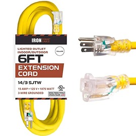 6 Foot Lighted Outdoor Extension Cord - 14/3 SJTW Heavy Duty Yellow Extension Cable with 3 Prong Grounded Plug for Safety - Great for Garden and Major Appliances