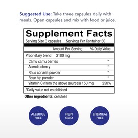 Physician's Strength Power-C - 90 Capsules - Raw Food Vitamin C + Flavonoids from Camu Camu, Acerola Cherry, Rhus coriaria & Rose Hip - Kosher - 30 Servings