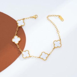 ECNOTX Lucky Bracelets for Women，Luxury 18K Gold Plated Clover Bracelet Gold Lucky Bracelet for Women Flower Four Leaf Bracelets Jewelry Gifts for Women (White Bracelet), 24cm