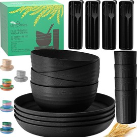 Wheat Straw Dinnerware Sets For 4 (36pc) Unbreakable Dinnerware n Microwave Safe Dinnerware - Wheat Straw Plates and Bowls Sets For 4 - Camping Plates Cups and Bowls Set RV Dishes Set for 4