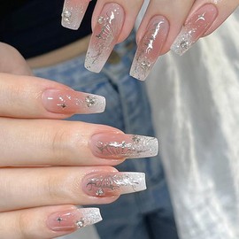 ANDGING White Press on Nails Coffin Medium French Tip Glue on Nails with Glitter Butterfly Rhinestone Design Fake Nails for Wedding Birthday Acrylic False Nails Women Stick on Nail with Glue CLG86U8