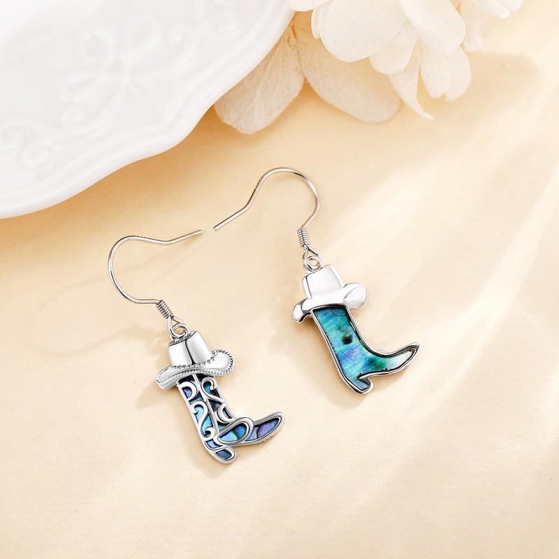 Cowboy Boot Earrings 925 Sterling Silver Abalone Shell Cowboy Hat
