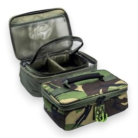 FISHIN ADDICT Rod Hutchinson CLS Fishing Tackle Accessory Bag – Olive Green Camo Tackle Storage Case, Waterproof Bottom, Multi-Compartment, 600D Nylon, 26x18.5x9cm