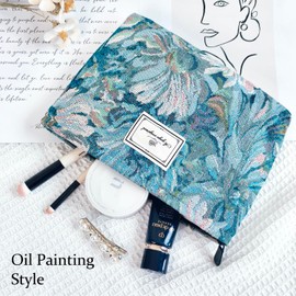 STARDW Aesthetic Floral Makeup Bag Cute Small Cosmetic Bags for Women Girls, Travel Toiletry Bag Large Capacity Zipper Makeup Pouch, Purse Organizer Pouches (Oil Painting Style)