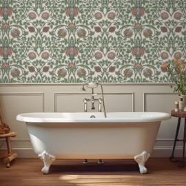 VEELIKE Boho Floral Wallpaper Peel and Stick Vintage Art Nouveau Wallpaper 17.7''x354'' Prepasted Renter Friendly Wallpaper for Bedroom Bathroom Removable William Morris Art Wallpaper for Home Décor