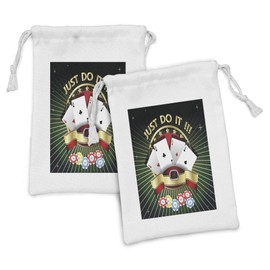 Lunarable Poker Tournament Fabric Pouch Set of 2, Just Do It Old Fashioned Composition Luck Passion Wager Winning Gambling, Small Drawstring Bag for Toiletries Masks and Favors, 9" x 6", Multicolor