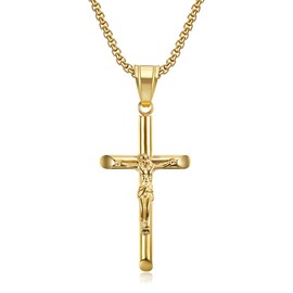 Sonateomber Big Gold Jesus Crucifix Cross Pendant Necklace for Women Men - Thick Chunky Long Box Chain Christian Catholic Gothic Baptism Stainless Steel Costume Jewelry GIft