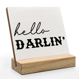 ANIANG Western Desk Decor, Hello Darling Western Wood Plaque, Rustic Western Cowboy Cowgirl Wooden Plaque Sign with Wood Stand for Home Office Farmhouse Shelf Tabletop Decor