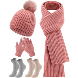SATINIOR 5 Pieces Winter Beanie Hat Scarf Touchscreen Gloves and Thick Socks Set Knit Fleece Lined Warmer for Men and Women(Pink,Pompom)