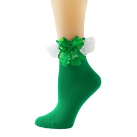 Gellwhu Lace Ruffle Frilly Socks for Women - Lace Ankle Socks with Bow - Cute Kawaii Lolita Socks (US, Alpha, 4, 9, green 1 pair)