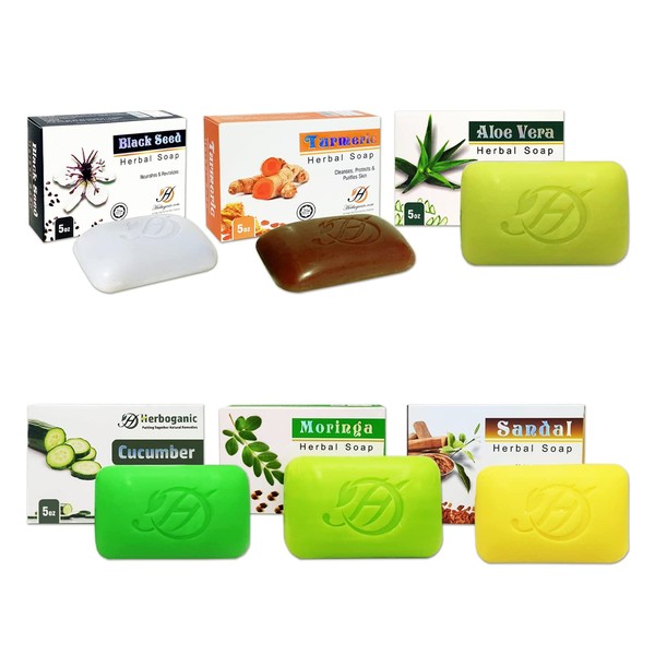 HERBOGANIC Sensational Soap Collection- Unique Herbal Soap Bars - Featuring Black Seed, Moringa, Cucumber, Turmeric, Aloe Vera, Sandal, Neem Rosemary & Turmeric, Castor Oil, Citrus and Many More. (Variety Pack 6)