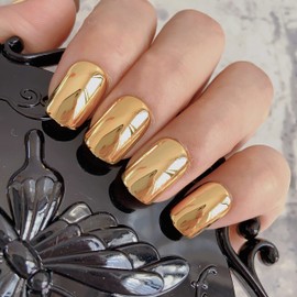 IKISKT Gold Metallic Full Cover Fake Press on Nail Short Length Square Punk Mirror Chrome Press on Nails Pure Color Glossy Acrylic Pre-design False Nail Tips for Women Girls Festival Band Party