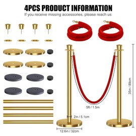 kaiyomi 4Pcs Stanchions with Red Velvet Ropes Set, 5 Feet Velvet Ropes and Posts Poles for Red Carpet Party Decoration and 360° Photo Booth (Golden)