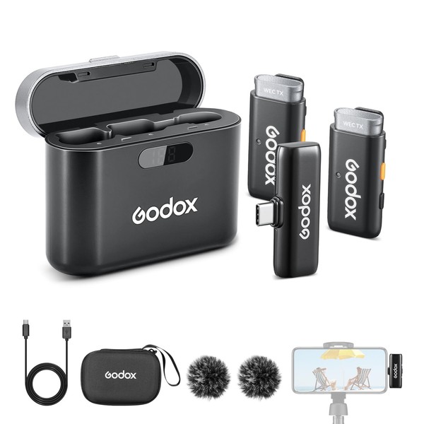 GODOX WES2 Kit2 Wireless Lavalier Microphone for Android/USB C, 8H