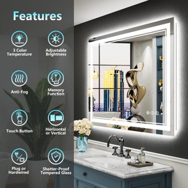 AWANDEE 40x24 LED Bathroom Mirror with Lights, Backlit + Front Lit, Anti-Fog Lighted Vanity Mirror for Bathroom Wall with 3 Colors, Dimmable, Memory, Shatter-Proof Tempered Glass, Horizontal/Vertical