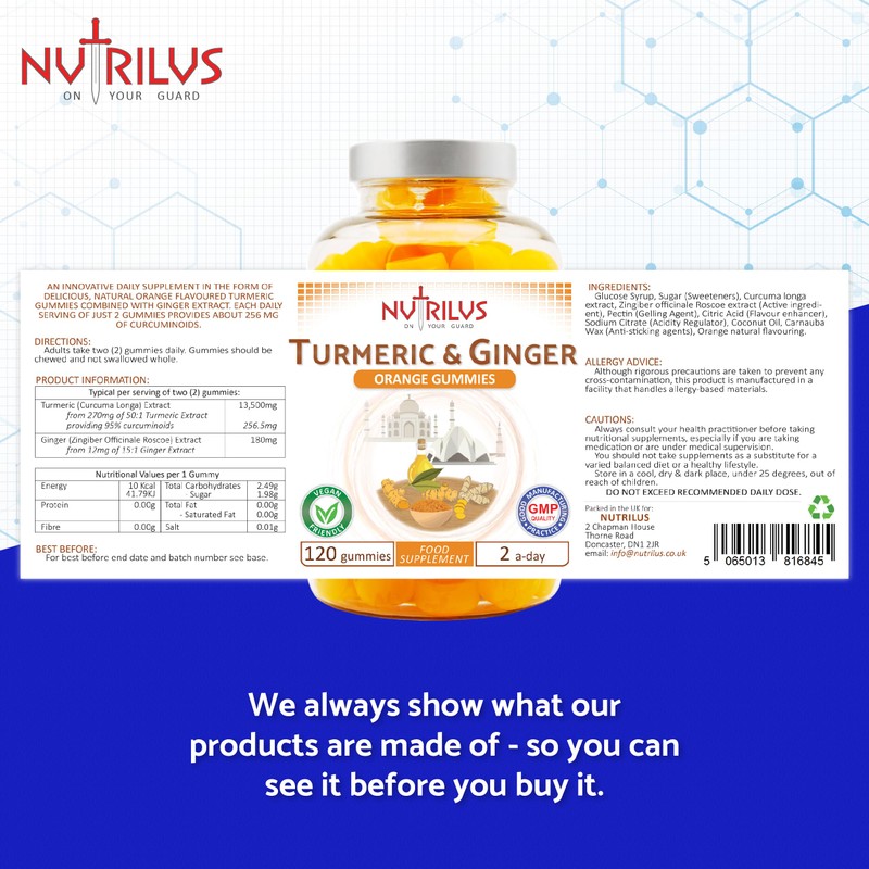 Turmeric and Ginger 120 Natural Orange Gummies - High Strength,