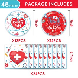48PCS Nurses' Day Party Supplies Nurse Graduation Decorations Red Heart Plates and Napkins Serve 24 Guests