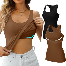 V FOR CITY Built-in Shelf Bra Tank Tops Women's Racerback Cotton Camisole Wide Strap Undershirts 2 Pack Black/Brown L