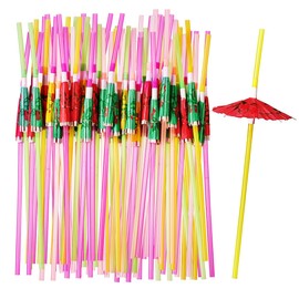 Comfy Package, [50 Count] Umbrella Cocktail Flexible Plastic Straws - Assorted Colors Swizzle Sticks - Fancy Mini Umbrella Drinking Straws for Hawaiian Beach Cocktail Luau Party Decor