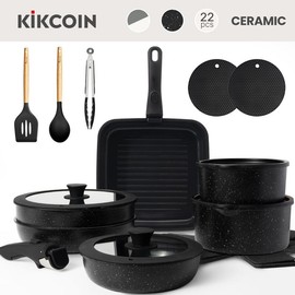 Kikcoin [Deal]Kikcoin Non-Toxic Nonstick Ceramic 22 pcs pots and pans set complete Cookware Set with Lids,Detachable Handle,PFAS-Free,Dishwasher Oven Safe,Kitchen Outdoorfun Induction Compatible - Colour: pink