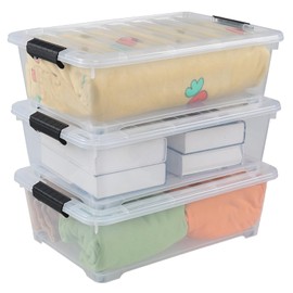 Yuright 20 L Clear Plastic Under Bed Storage Box Container, 3-Pack Underbed Wheeled Storage Bin