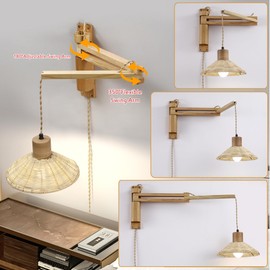 Wood Plug in Wall Sconces, Swing Arm Wall Lamp with Dimmable On Off Switch, Vintage Wall Mounted Light Fixture with Cord for Bedroom Nightstand Bedside Reading Lamp - Bulb Included