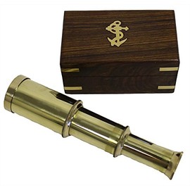 6 Solid Brass Handheld Telescope - Nautical Pirate Spy Glass with Wood Box Rustic Vintage Home Decor Gifts