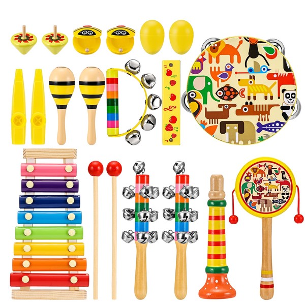Anpro Kids Musical Instruments Set for Toddler, 21 PCS Baby Wooden Percussion Musical Toys, Preschool Educational Baby Musical Toys for Boys and Girls with Storage Bag